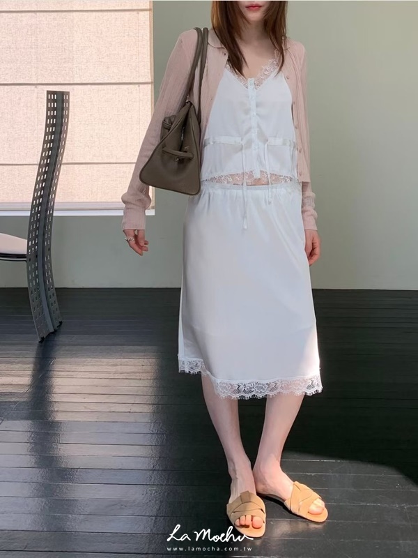 腰綁帶蕾絲緞面背心